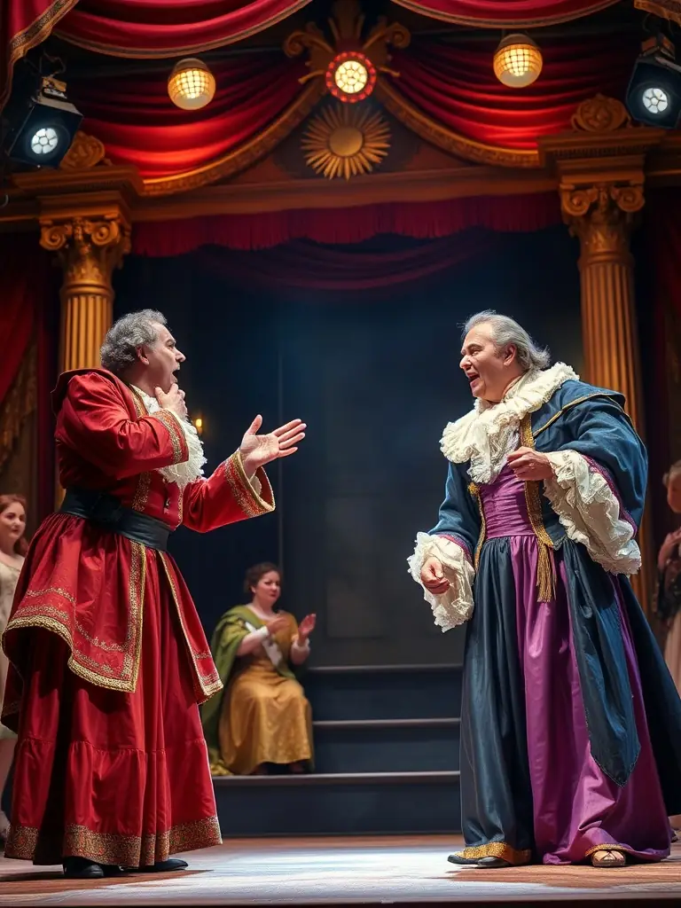 Participants rehearsing a scene from a classic play, focusing on character development and dialogue delivery, with a director providing guidance.
