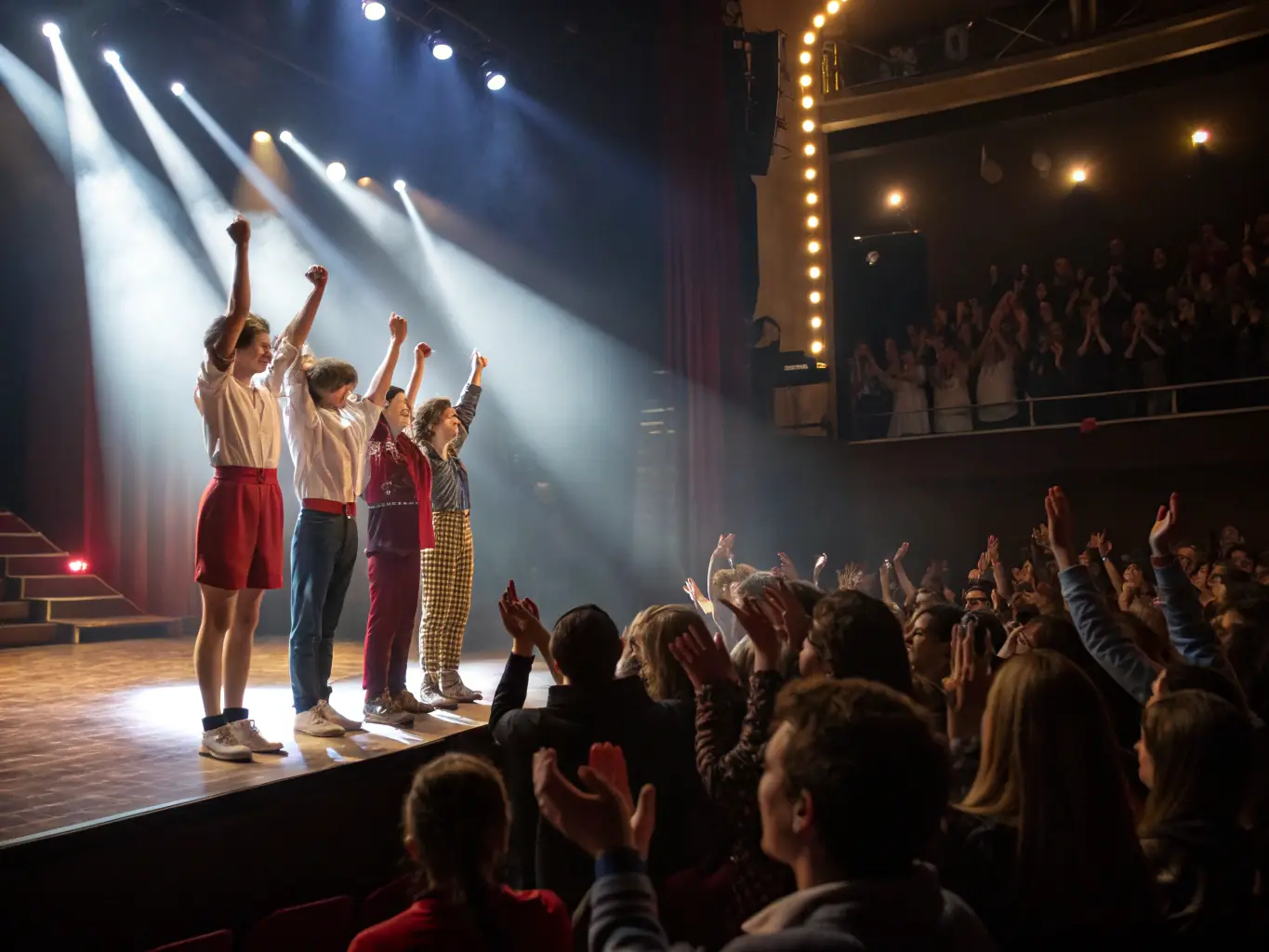 A vibrant image of a group of performers taking a bow after a successful show, capturing the excitement and sense of accomplishment that comes from participating in a theatrical production.