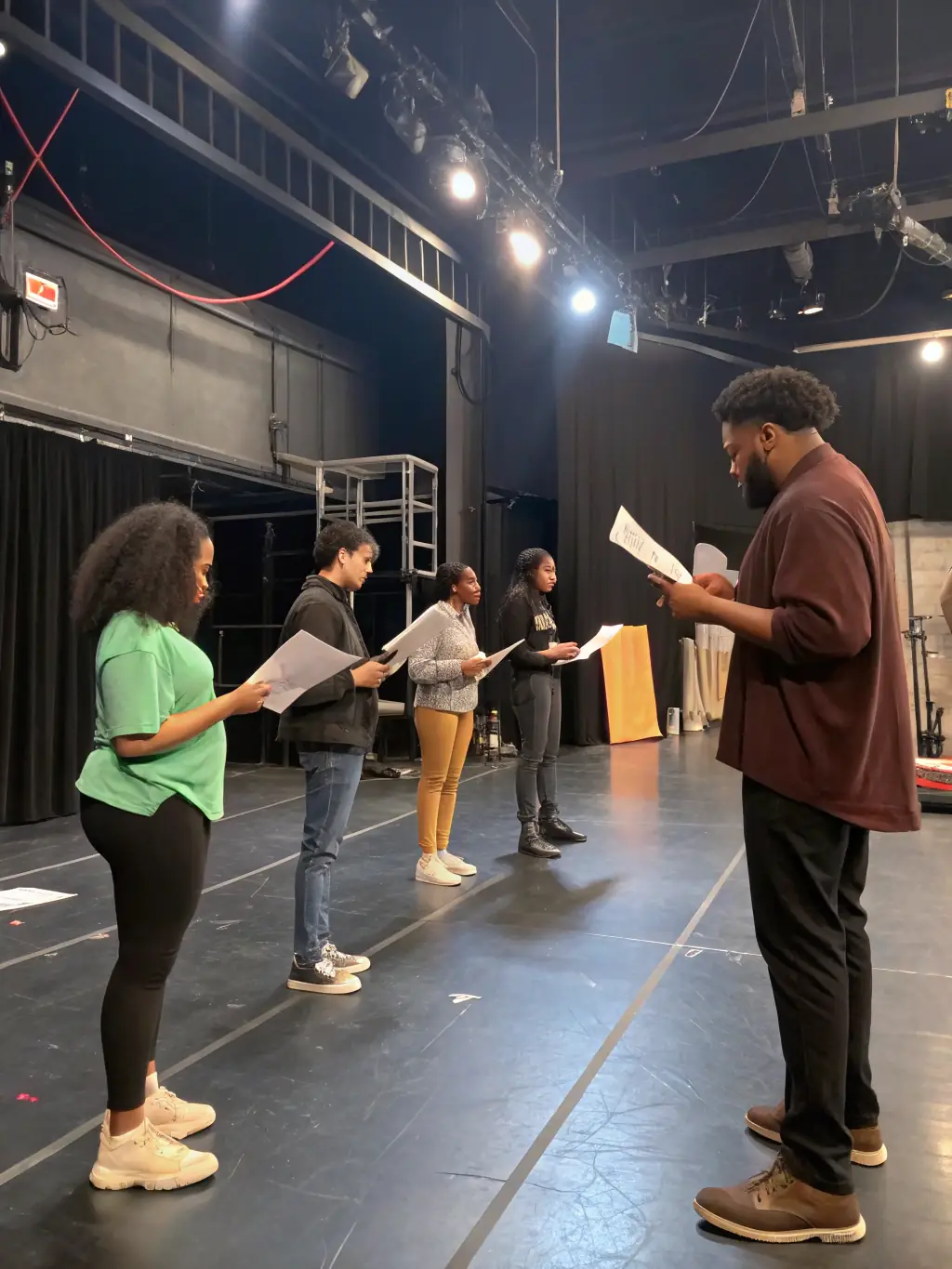 A diverse group of participants engaged in an acting exercise, improvising a scene on a minimalist stage, showcasing emotion and interaction.