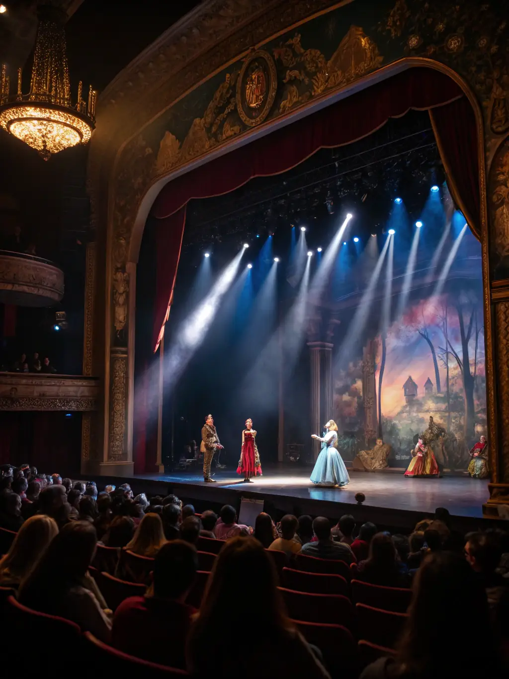 A vibrant scene from a recent LES CLEFS DU THÉÂTRE performance, capturing the energy and excitement of a live theatrical event, with audience members visible in the background.