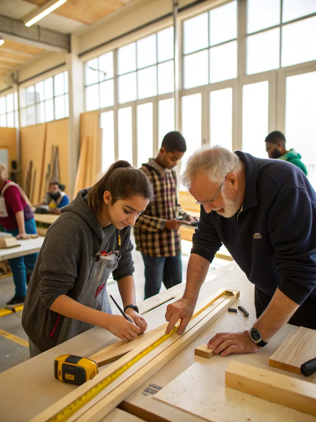 A group of amateur actors enthusiastically participating in a stagecraft workshop, focusing on set design and construction, with tools and materials scattered around.