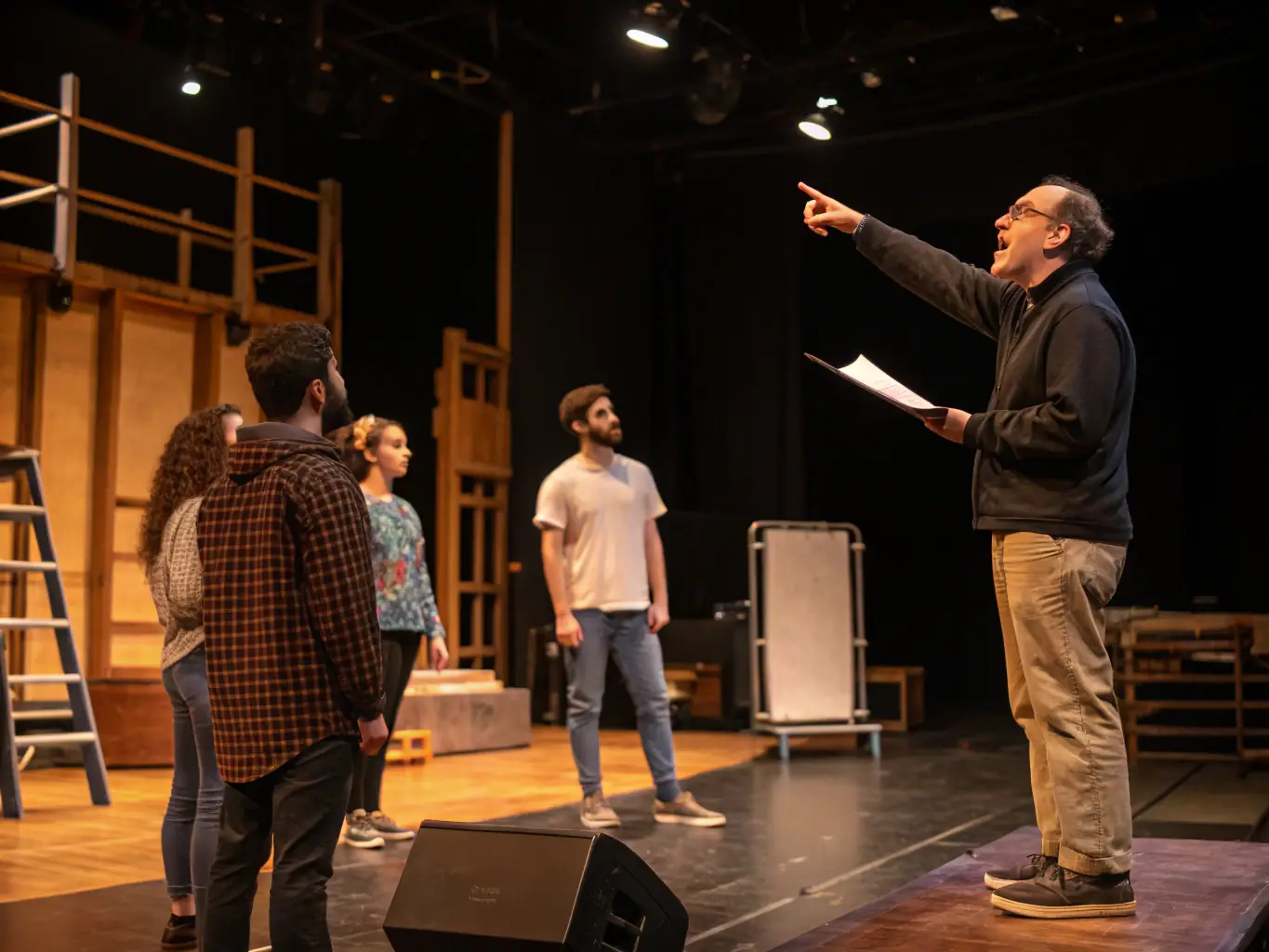 An image of participants engaging in acting exercises on stage, with a director guiding them, showcasing the dynamic and collaborative environment of the theater workshop.