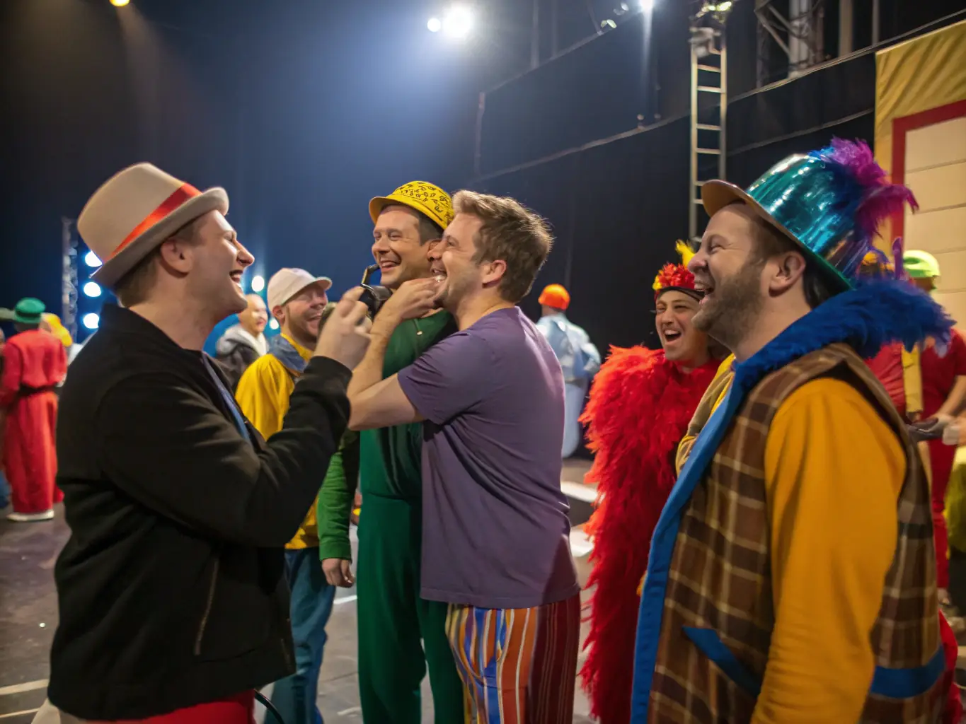 A photograph capturing a group of participants working together on set design, painting backdrops and constructing props, illustrating the collaborative nature of stagecraft.
